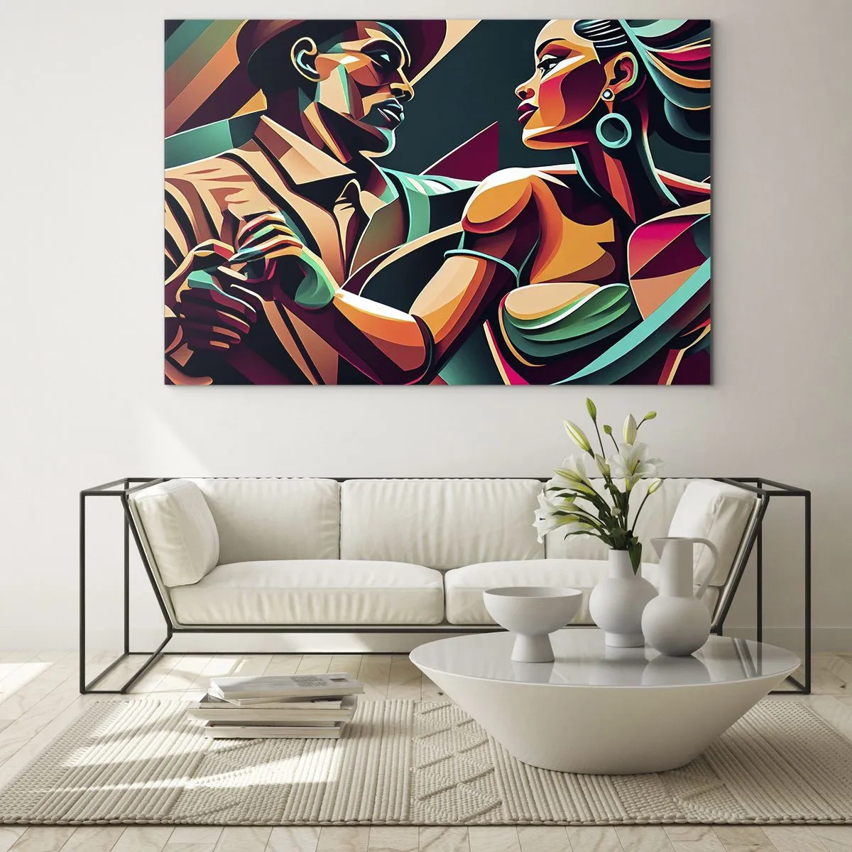 Obraz na skle - Barevný pár tančící ve stylu art deco s dynamickým výrazem. - 70x50cm - V rytmu srdce - Moderní nástěnná dekorace do obývacího pokoje a ložnice ARTTOR