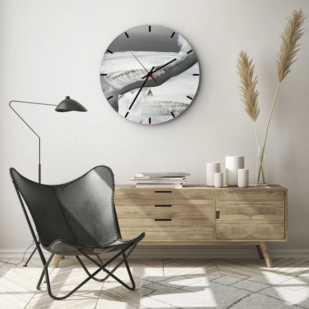 Nástěnné hodiny - Černobílé abstraktní tahy štětcem - 30x30cm - Pevným pohybem - Moderní nástěnná dekorace do obývacího pokoje, kuchyně a ložnice ARTTOR