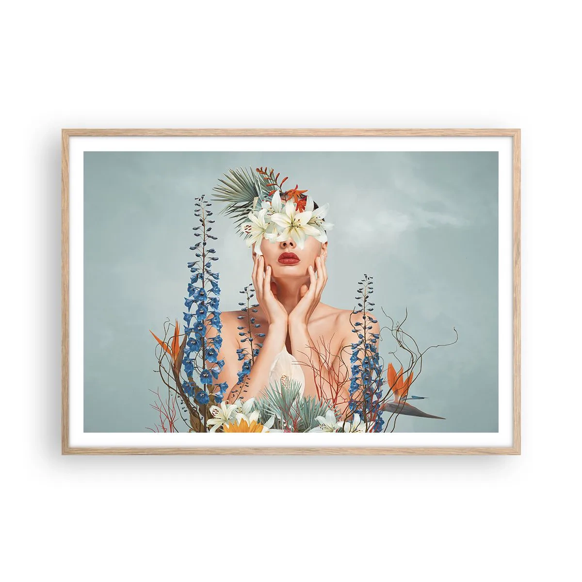 Plakát v rámu světlý dub - Žena – květina - 100x70 cm