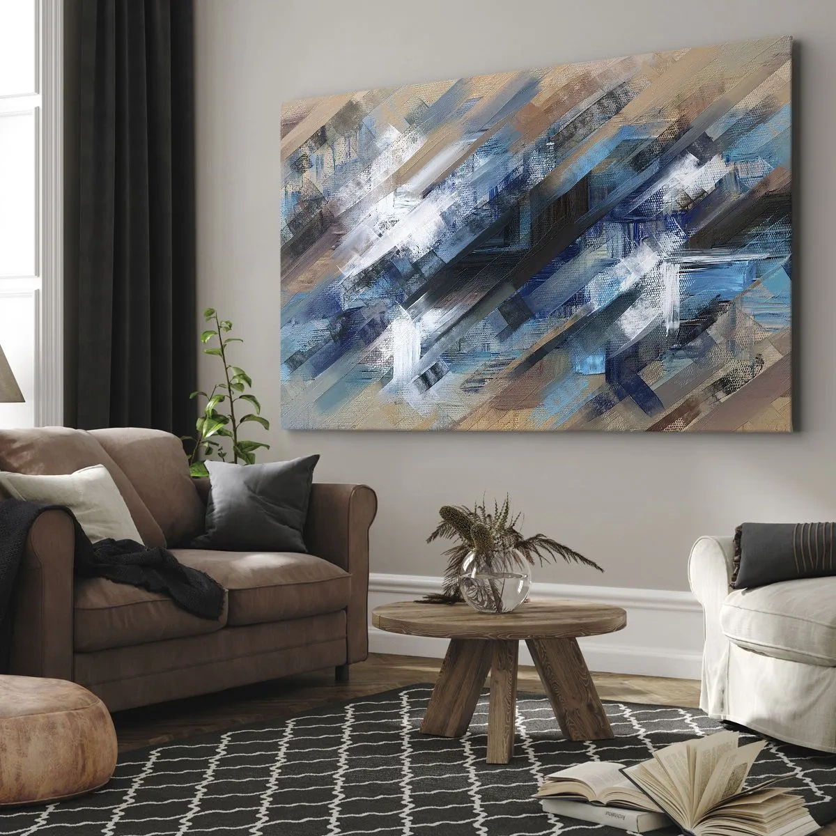 Obraz na plátně - Abstraktní kompozice s modrými diagonálními čarami - 70x50cm - Na modrém úkosu - Moderní nástěnná dekorace do obývacího pokoje a ložnice ARTTOR