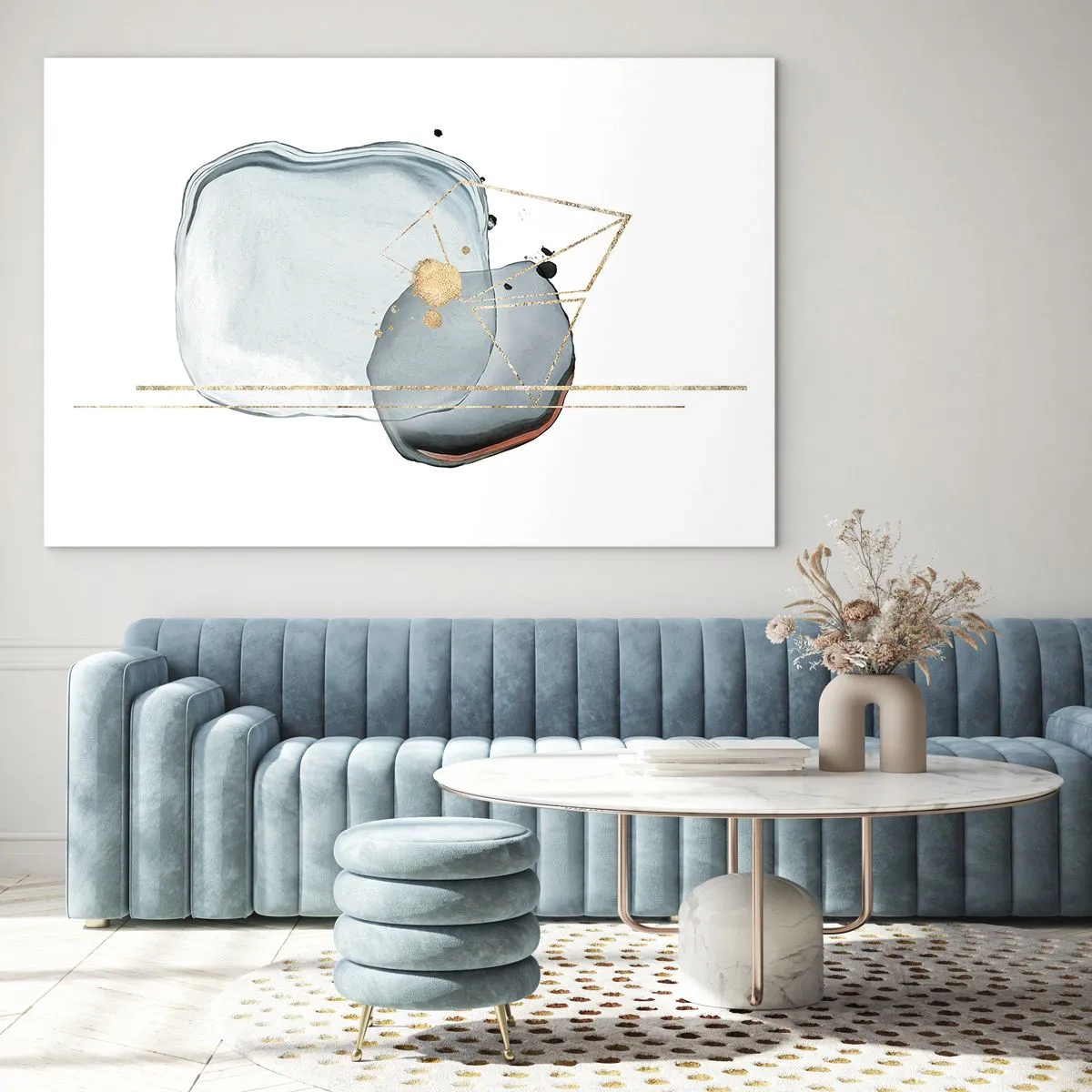 Obraz na skle - Moderní abstrakce s kapkami a zlatými geometrickými liniemi - 70x50cm - Studie kapky - Moderní nástěnná dekorace do obývacího pokoje a ložnice ARTTOR