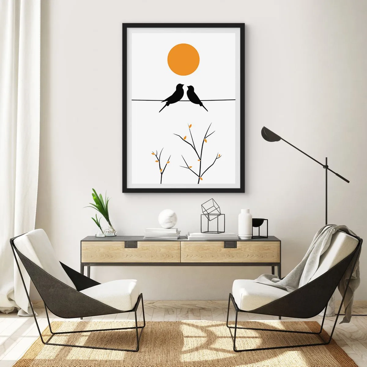 Plakát v černém rámu - Dva ptáci na větvi s oranžovým sluncem v pozadí - 50x70cm - Slavíčí večer - Moderní nástěnná dekorace do obývacího pokoje a ložnice ARTTOR