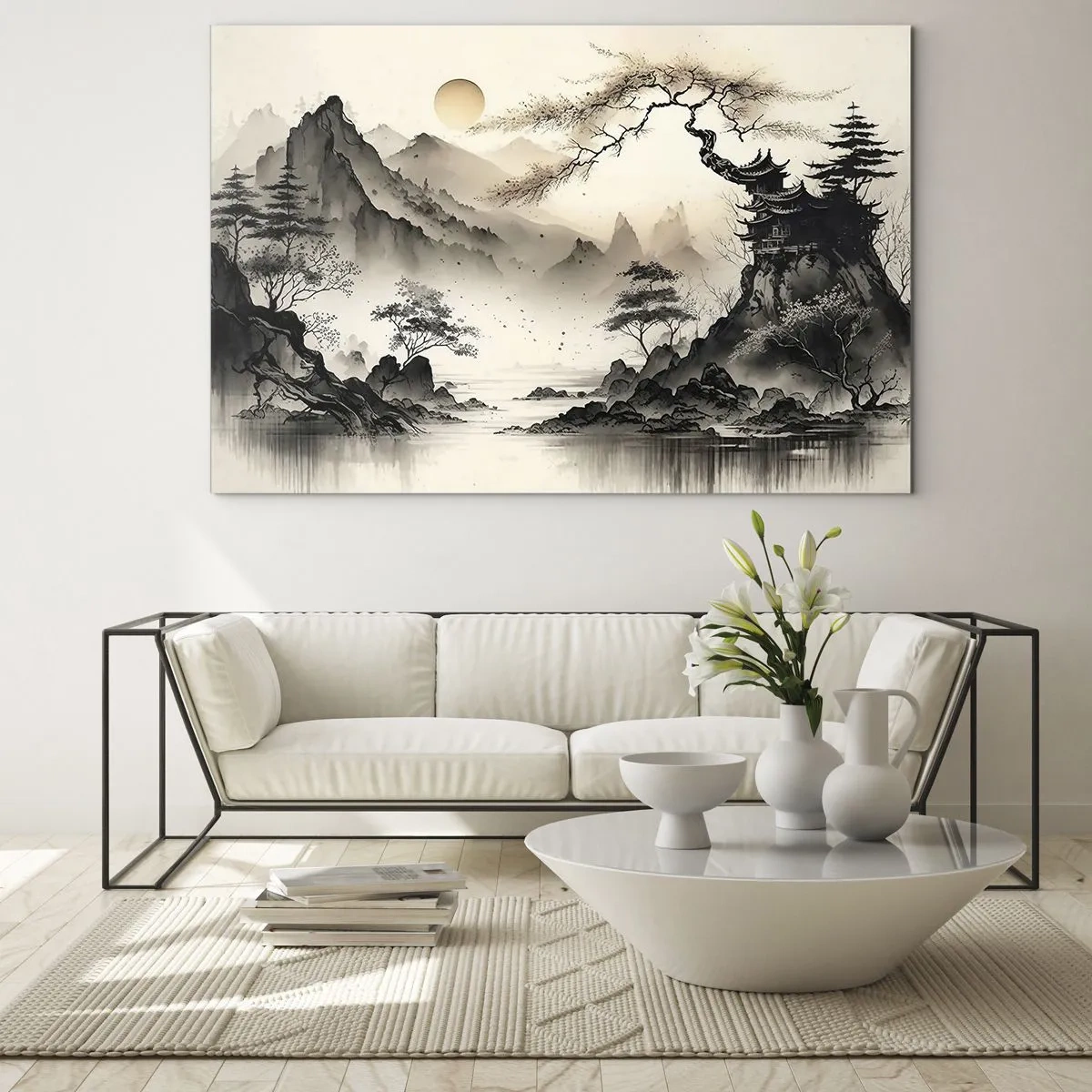 Obraz na skle - Orientální horská krajina s pagodou a stromy - 70x50cm - Jedinečné kouzlo orientu - Moderní nástěnná dekorace do obývacího pokoje a ložnice ARTTOR