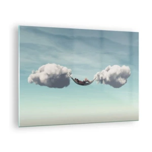 Obraz na skle - Houpací sítě v oblaku na modré obloze - 70x50cm - Blaženost okamžiku - Moderní nástěnná dekorace do obývacího pokoje a ložnice ARTTOR