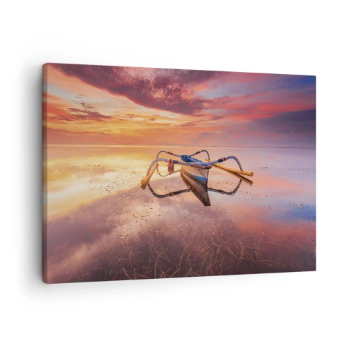 Obraz na plátně - Loď na klidné vodě při západu slunce - 70x50cm - Klid tropického večera - Moderní nástěnná dekorace do obývacího pokoje a ložnice ARTTOR