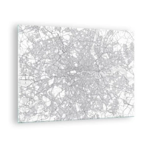 Obraz na skle - Černobílá mapa s hustou mřížkou ulic v minimalistickém stylu. - 70x50cm - Mapa londýnského labyrintu - Moderní nástěnná dekorace do obývacího pokoje a ložnice ARTTOR