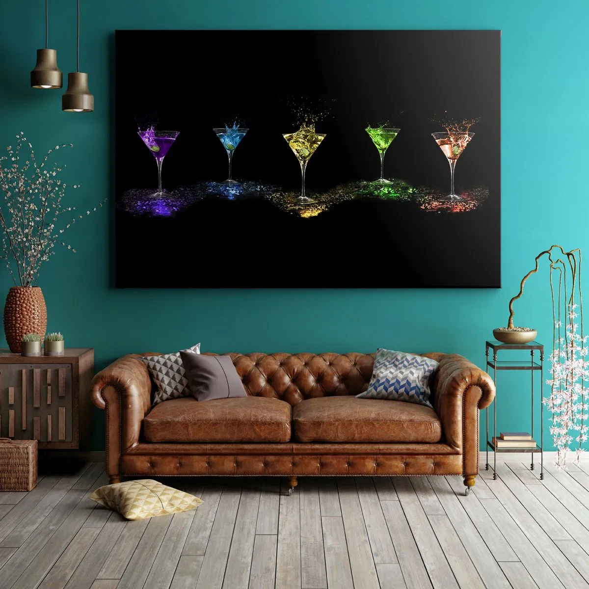 Obraz na plátně - Barevné koktejly ve sklenicích na černém pozadí - 70x50cm - Barvy radosti v křišťálovém skle - Moderní nástěnná dekorace do obývacího pokoje a ložnice ARTTOR
