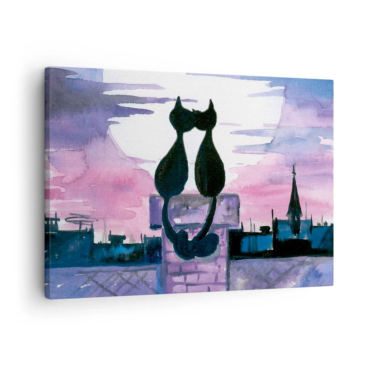 Obraz na plátně - Černé kočky na střeše v měsíčním světle v akvarelovém prostředí - 70x50cm - Rendez-vous pod měsíčkem - Moderní nástěnná dekorace do obývacího pokoje a ložnice ARTTOR