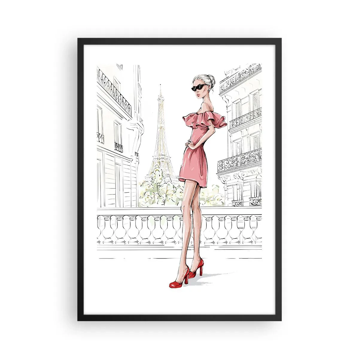 Plakát v černém rámu - Elegantní žena v růžových šatech s Eiffelovou věží v pozadí - 50x70cm - Umění módy - Moderní nástěnná dekorace do obývacího pokoje a ložnice ARTTOR