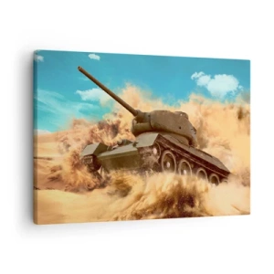 Obraz na plátně - Tank v akci v poušti, obklopený písečným prachem. - 70x50cm - Nedá se porazit - Moderní nástěnná dekorace do obývacího pokoje a ložnice ARTTOR