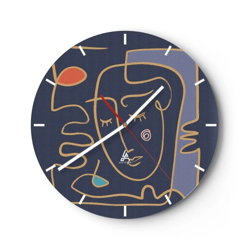 Nástěnné hodiny - Minimalistický obličej z perokresby na tmavě modrém pozadí. - 30x30cm - V zádumčivosti - Moderní nástěnná dekorace do obývacího pokoje, kuchyně a ložnice ARTTOR