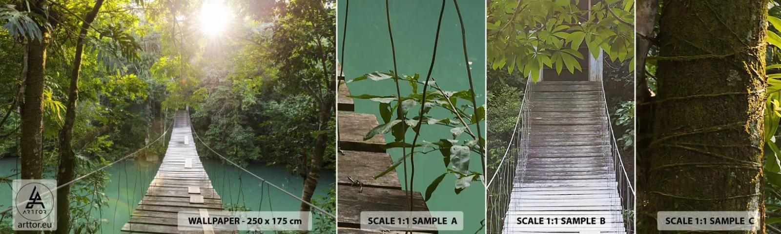 Vzor Fototapety Samolepicí Deluxe Sticker - Nad azurovou vodou do azurového lesa - Krajina, Džungle, Dřevěný most - 100x30 cm