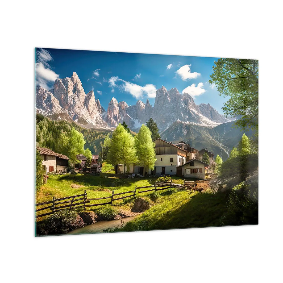 Obraz na skle - Rozvoj venkova uprostřed zeleně na úpatí alpských vrcholů - 70x50cm - Alpská idyla - Moderní nástěnná dekorace do obývacího pokoje a ložnice ARTTOR