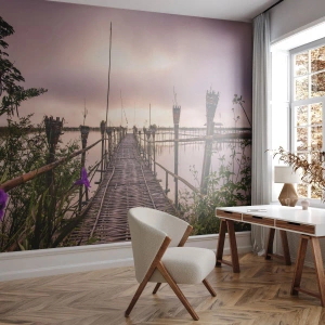 Fototapeta Standard Eco - Dřevěný most proti zatažené obloze - 100x70cm - Klid a pohoda Asie - Moderní nástěnná dekorace do obývacího pokoje a ložnice ARTTOR