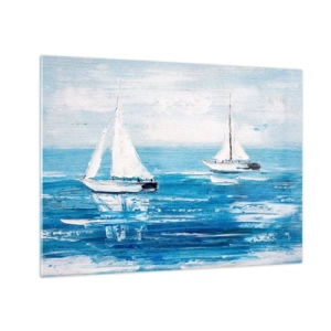 Obraz na skle - Dvě bílé plachetnice na klidném modrém moři - 70x50cm - S přítelem po boku - Moderní nástěnná dekorace do obývacího pokoje a ložnice ARTTOR