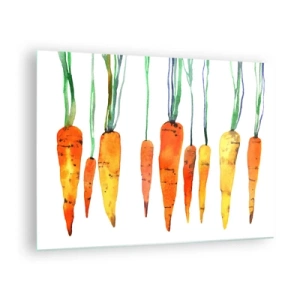 Obraz na skle - Akvarelová mrkev v různých odstínech oranžové se zelenými stonky - 70x50cm - Krása obyčejnosti - Moderní nástěnná dekorace do obývacího pokoje a ložnice ARTTOR