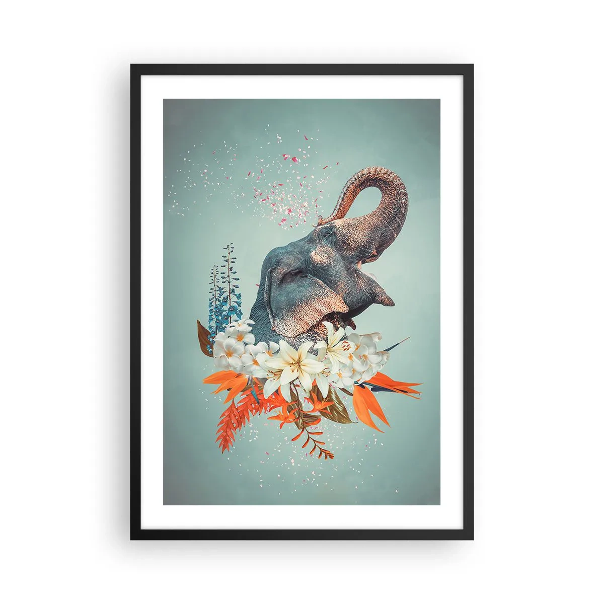 Plakát v černém rámu - Slon mezi květinami v surrealistické kompozici - 50x70cm - Řev radosti - Moderní nástěnná dekorace do obývacího pokoje a ložnice ARTTOR