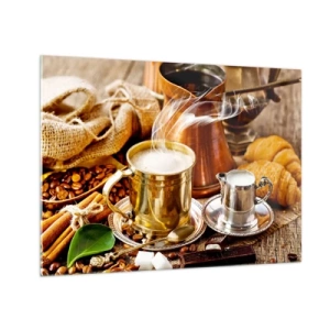 Obraz na skle - Zlatý hrnek kávy s mlékem obklopený obilovinami a croissanty - 70x50cm - Hezký den! - Moderní nástěnná dekorace do obývacího pokoje a ložnice ARTTOR