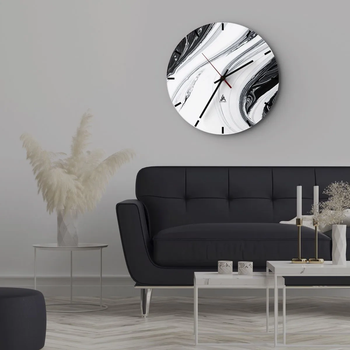 Nástěnné hodiny - Abstraktní černobílé čáry vytvářejí plynulý, kontrastní vzor. - 30x30cm - Spojení protikladů - Moderní nástěnná dekorace do obývacího pokoje, kuchyně a ložnice ARTTOR