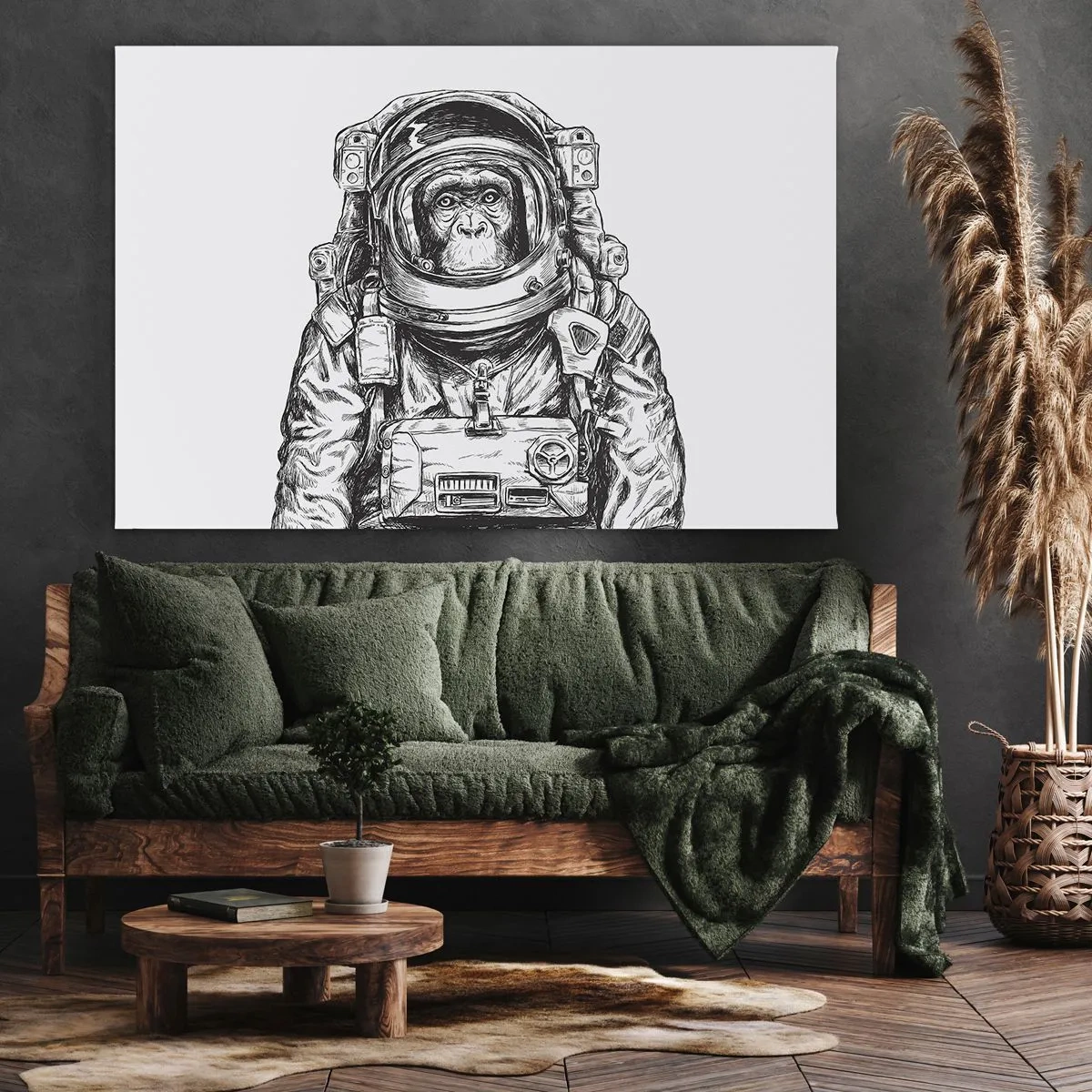 Obraz na plátně - Grafika astronauta ve skafandru s opičí hlavou - 70x50cm - Alternativní vývoj - Moderní nástěnná dekorace do obývacího pokoje a ložnice ARTTOR