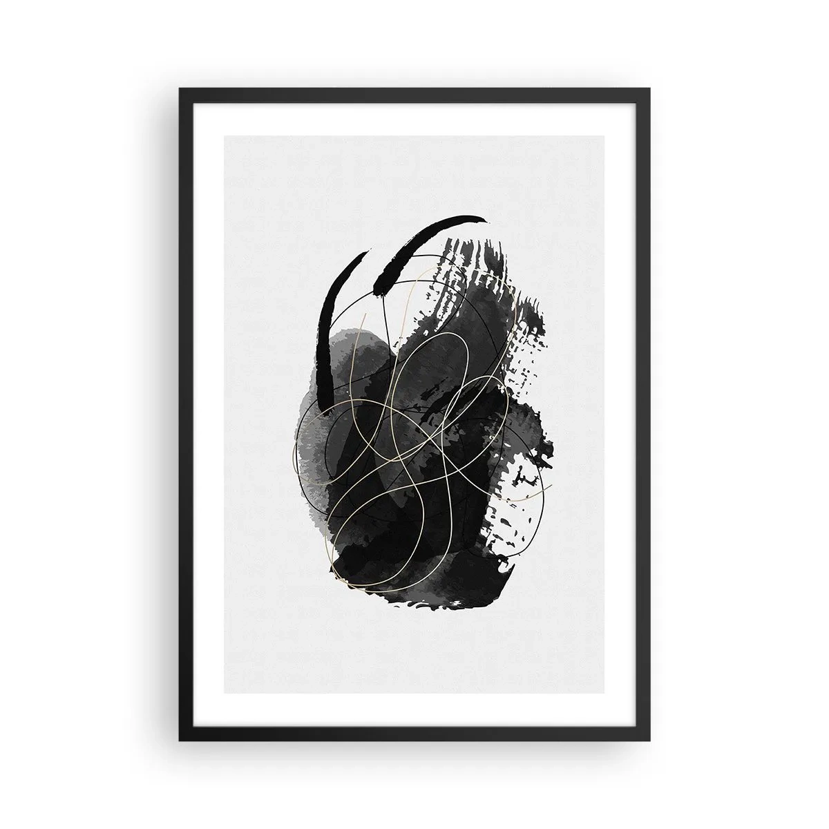 Plakát v černém rámu - Abstraktní kompozice v černé barvě s jemnými zlatými liniemi. - 50x70cm - Upletené z černé - Moderní nástěnná dekorace do obývacího pokoje a ložnice ARTTOR
