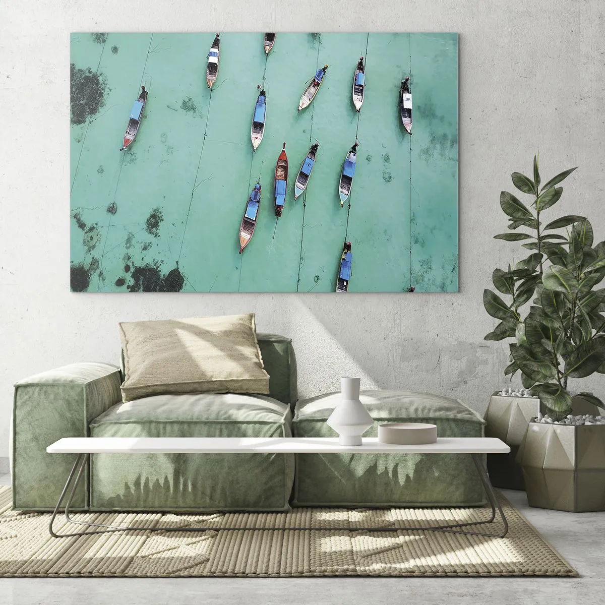 Obraz na skle - Lodě na tyrkysové vodě shora - 70x50cm - V radostném očekávání - Moderní nástěnná dekorace do obývacího pokoje a ložnice ARTTOR