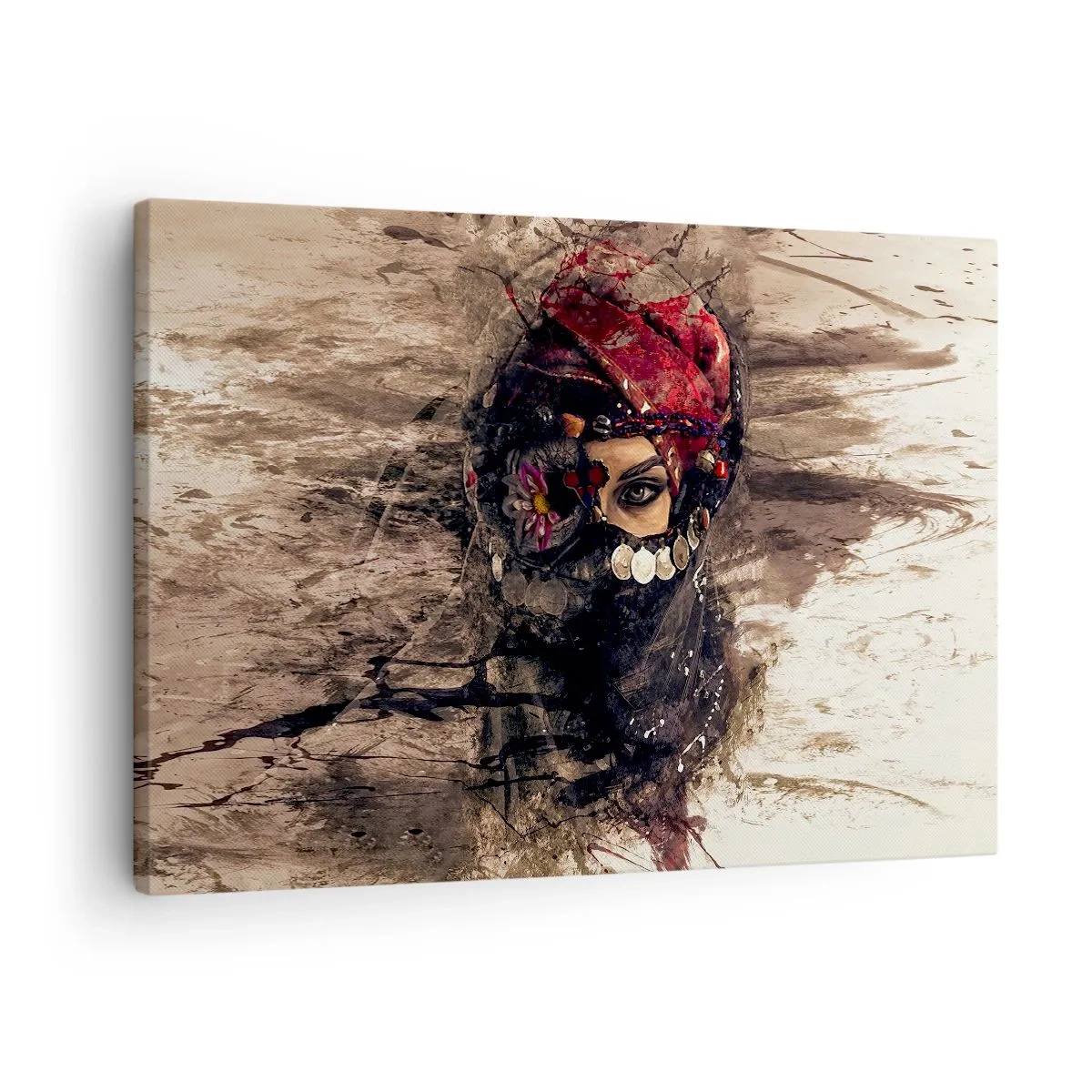 Obraz na plátně - Umělecký portrét ženy v orientálním oděvu na abstraktním pozadí. - 70x50cm - Přinejmenším znepokojující - Moderní nástěnná dekorace do obývacího pokoje a ložnice ARTTOR
