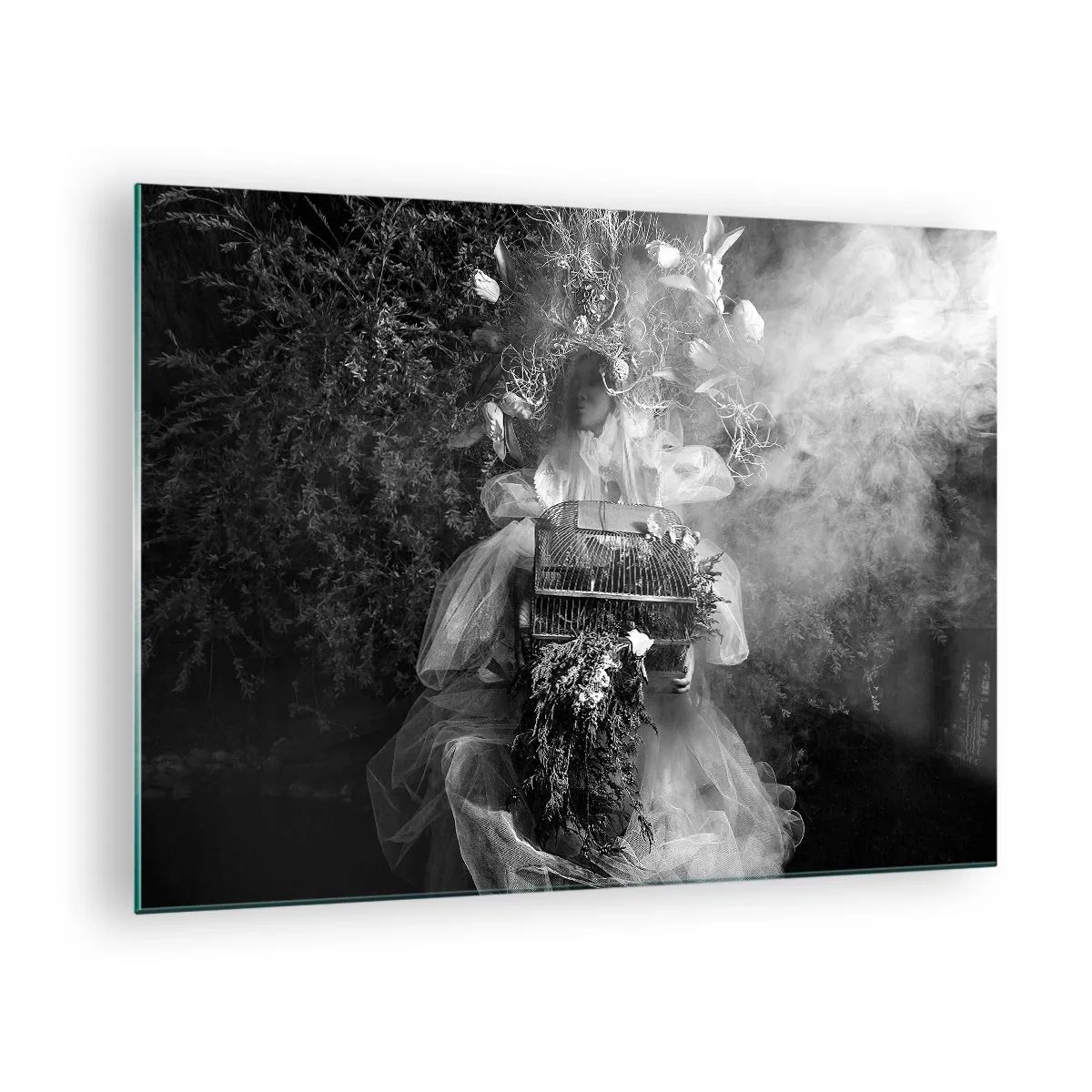 Obraz na skle - Žena v tylových šatech s klecovou výzdobou a rostlinnou korunou v černé a bílé - 70x50cm - Matka Příroda - Moderní nástěnná dekorace do obývacího pokoje a ložnice ARTTOR
