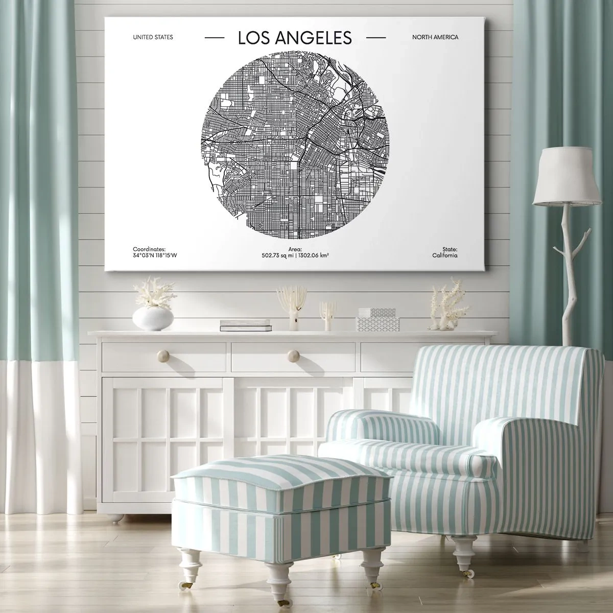 Obraz na plátně - Mapa Los Angeles v minimalistickém černobílém stylu - 70x50cm - Anatomie Los Angeles - Moderní nástěnná dekorace do obývacího pokoje a ložnice ARTTOR