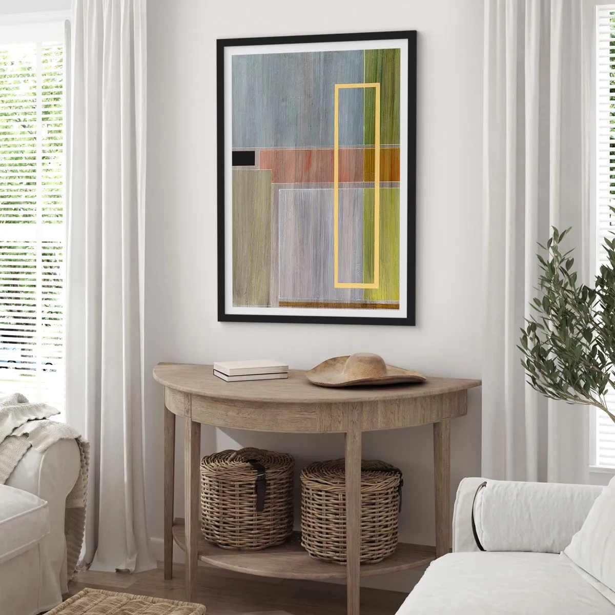 Plakát v černém rámu - Geometrická abstrakce v tlumených barvách - 50x70cm - Jednoduše a v klidu - Moderní nástěnná dekorace do obývacího pokoje a ložnice ARTTOR
