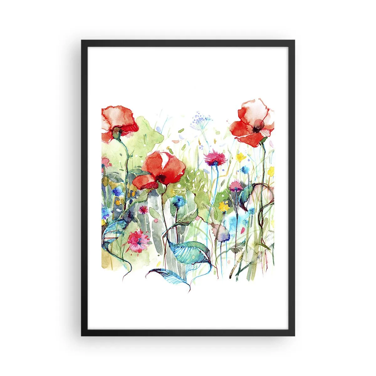 Plakát v černém rámu - Akvarelová malba louky s máky a divokými květinami. - 50x70cm - Kvetoucí louka v květnu - Moderní nástěnná dekorace do obývacího pokoje a ložnice ARTTOR