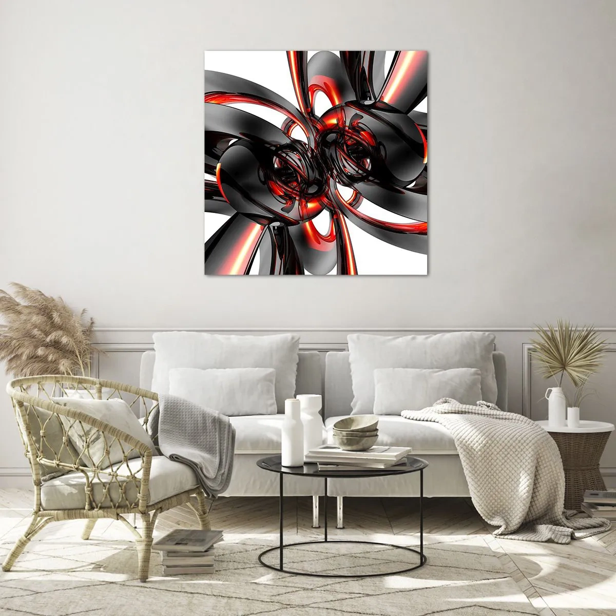 Obraz na skle - Pohyb v grafitové a červené - 70x70 cm