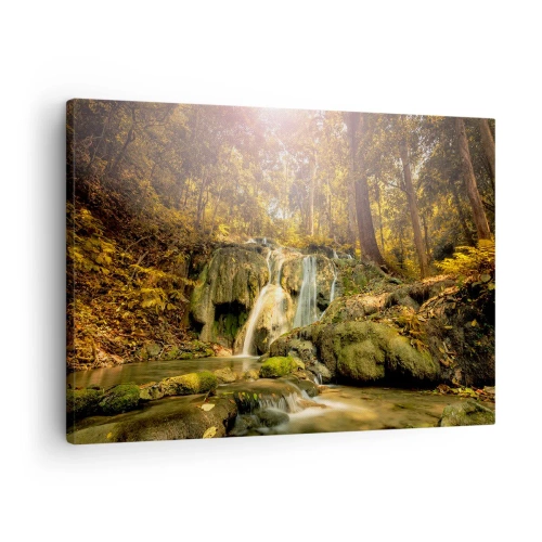 Obraz na plátně - Lesní vodopád v paprscích slunce, obklopený zelení - 70x50cm - Lesní vodopád v zelené - Moderní nástěnná dekorace do obývacího pokoje a ložnice ARTTOR