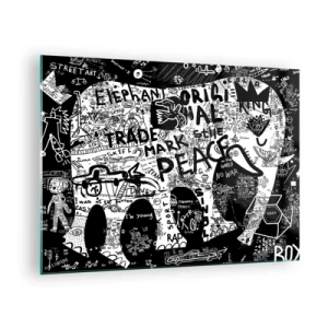 Obraz na skle - Černobílý graffiti s tématy míru a svobody - 70x50cm - Bohatý svět ulice - Moderní nástěnná dekorace do obývacího pokoje a ložnice ARTTOR