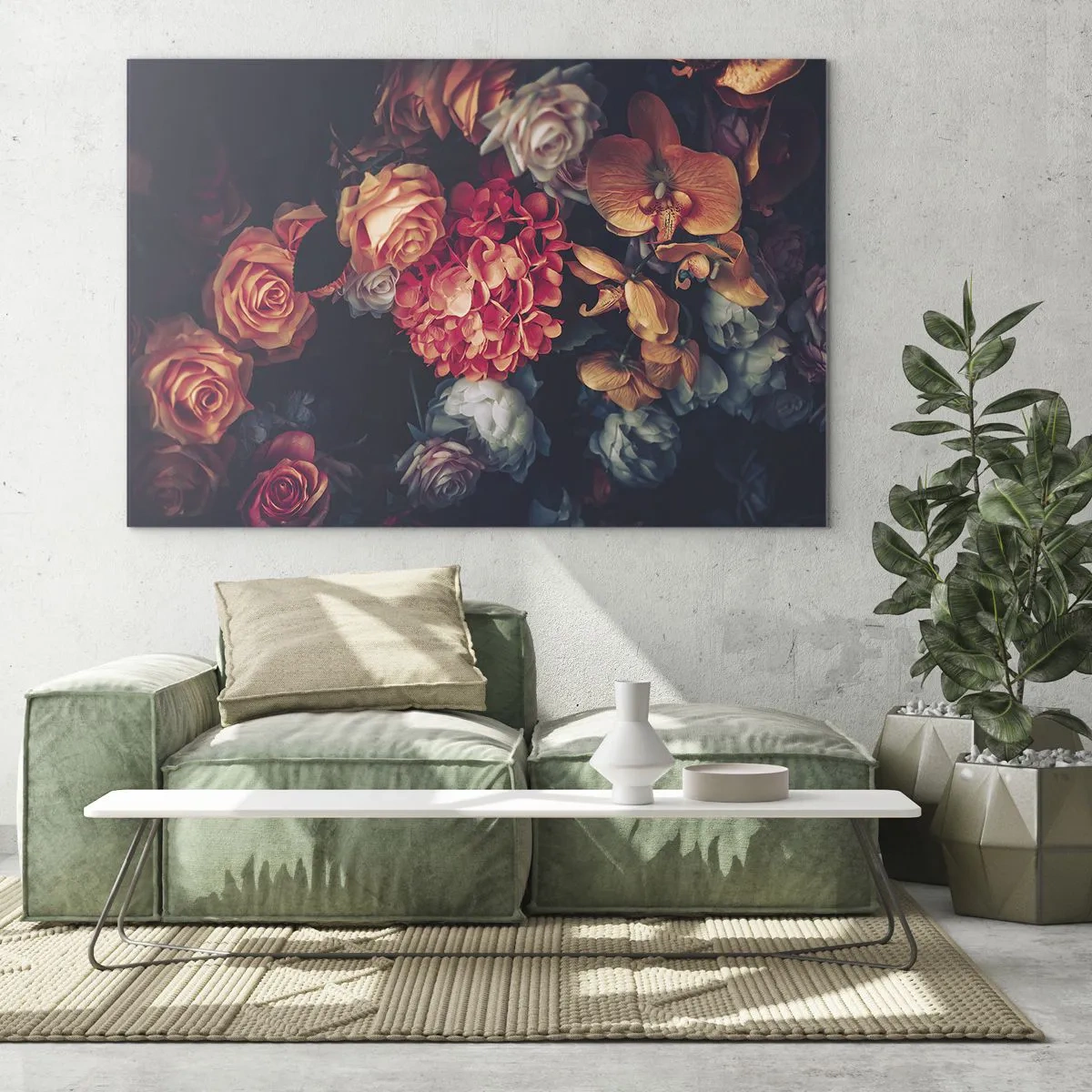 Obraz na skle - Tmavé květinové aranžmá s růžemi a orchidejemi - 70x50cm - Jako u holandských mistrů - Moderní nástěnná dekorace do obývacího pokoje a ložnice ARTTOR
