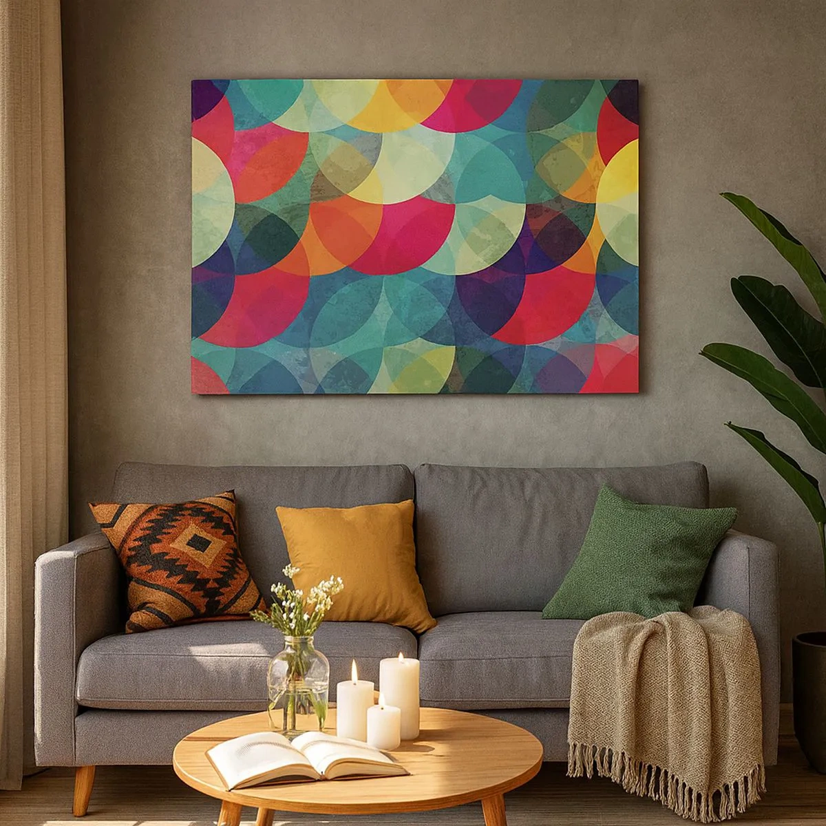 Obraz na plátně - Barevné geometrické vzory složené z kruhů a půlkruhů - 70x50cm - Vstoupit do duhy - Moderní nástěnná dekorace do obývacího pokoje a ložnice ARTTOR