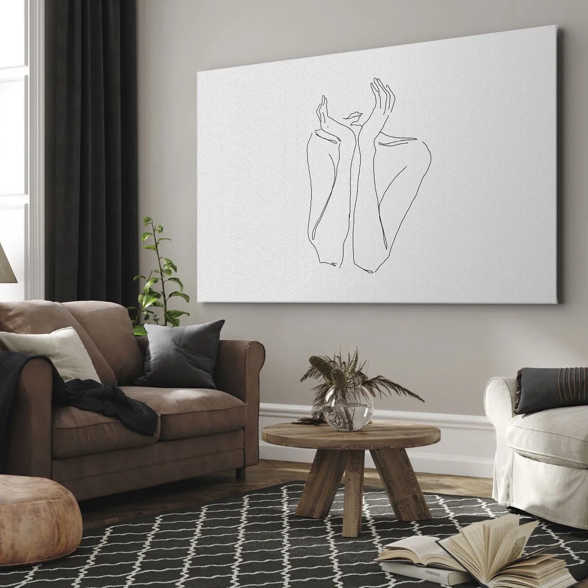 Obraz na plátně - Minimalistická kresba obličeje a rukou - 70x50cm - O čem sní dívky - Moderní nástěnná dekorace do obývacího pokoje a ložnice ARTTOR