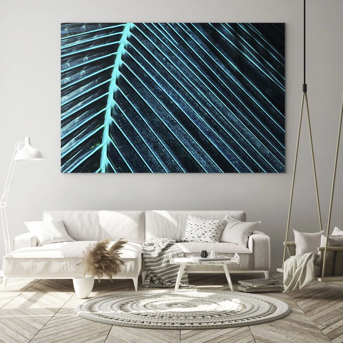 Obraz na skle - Makrofotografie palmového listu v tyrkysových odstínech - 70x50cm - Textura zeleně - Moderní nástěnná dekorace do obývacího pokoje a ložnice ARTTOR