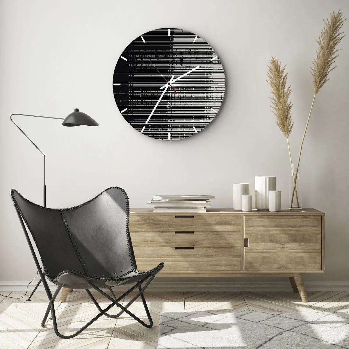 Nástěnné hodiny - Černobílé pruhy vytvářející efekt vln a vibrací - 30x30cm - Vlny a vibrace - Moderní nástěnná dekorace do obývacího pokoje, kuchyně a ložnice ARTTOR