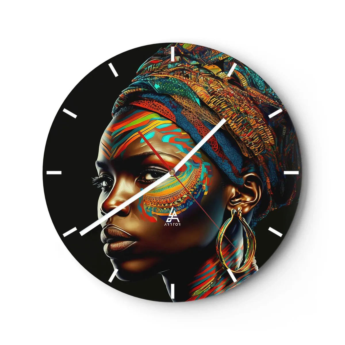 Nástěnné hodiny - Barevný portrét ženy v turbanu na černém pozadí - 30x30cm - Africká královna - Moderní nástěnná dekorace do obývacího pokoje, kuchyně a ložnice ARTTOR
