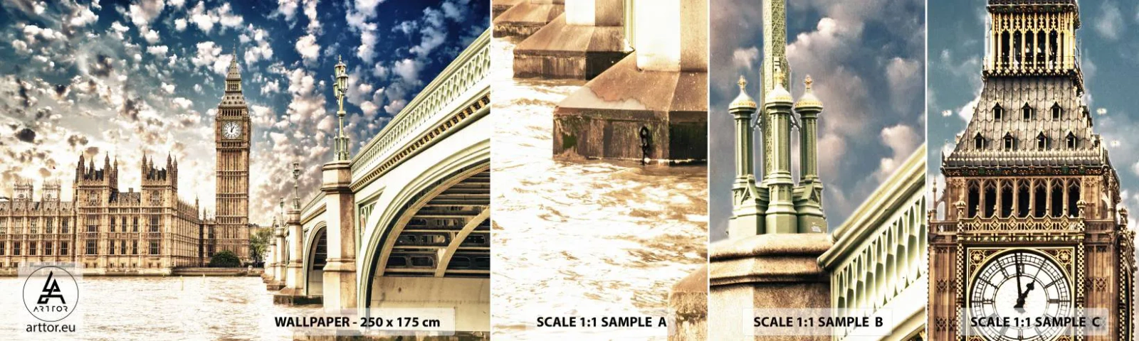 Vzor Fototapety Samolepicí Deluxe Sticker - Peřové oblaky nad Temží - Město, Londýn, Anglie - 100x30 cm
