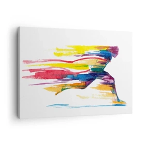 Obraz na plátně - Běžec v abstraktních barvách symbolizující dynamiku a energii - 70x50cm - Duhový běh - Moderní nástěnná dekorace do obývacího pokoje a ložnice ARTTOR