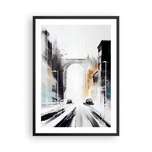 Plakát v černém rámu - Abstraktní panorama města s monumentálním obloukem - 50x70cm - Studie města: architektura a pohyb - Moderní nástěnná dekorace do obývacího pokoje a ložnice ARTTOR