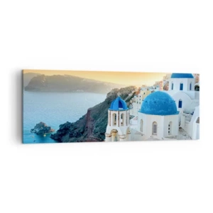 Obraz na plátně - Santorini - přitulené ke skalám - 140x50 cm