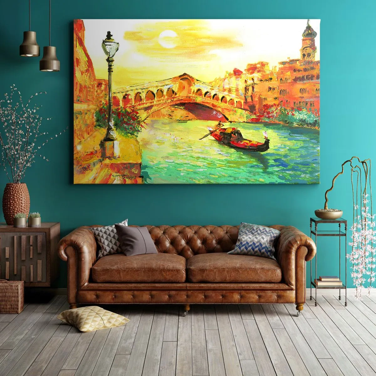 Obraz na plátně - Malebný most přes kanál s gondolou ve světle zapadajícího slunce - 70x50cm - Pouť zamilovaných - Moderní nástěnná dekorace do obývacího pokoje a ložnice ARTTOR