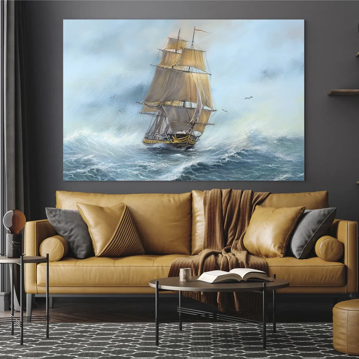 Obraz na skle - Plachetnice na rozbouřeném moři v malířském stylu - 70x50cm - Běžící po vlnách - Moderní nástěnná dekorace do obývacího pokoje a ložnice ARTTOR