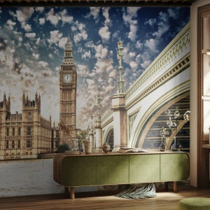 Fototapeta Standard Eco - Panorama města s historickou architekturou a mostem - 100x70cm - Peřové oblaky nad Temží - Moderní nástěnná dekorace do obývacího pokoje a ložnice ARTTOR