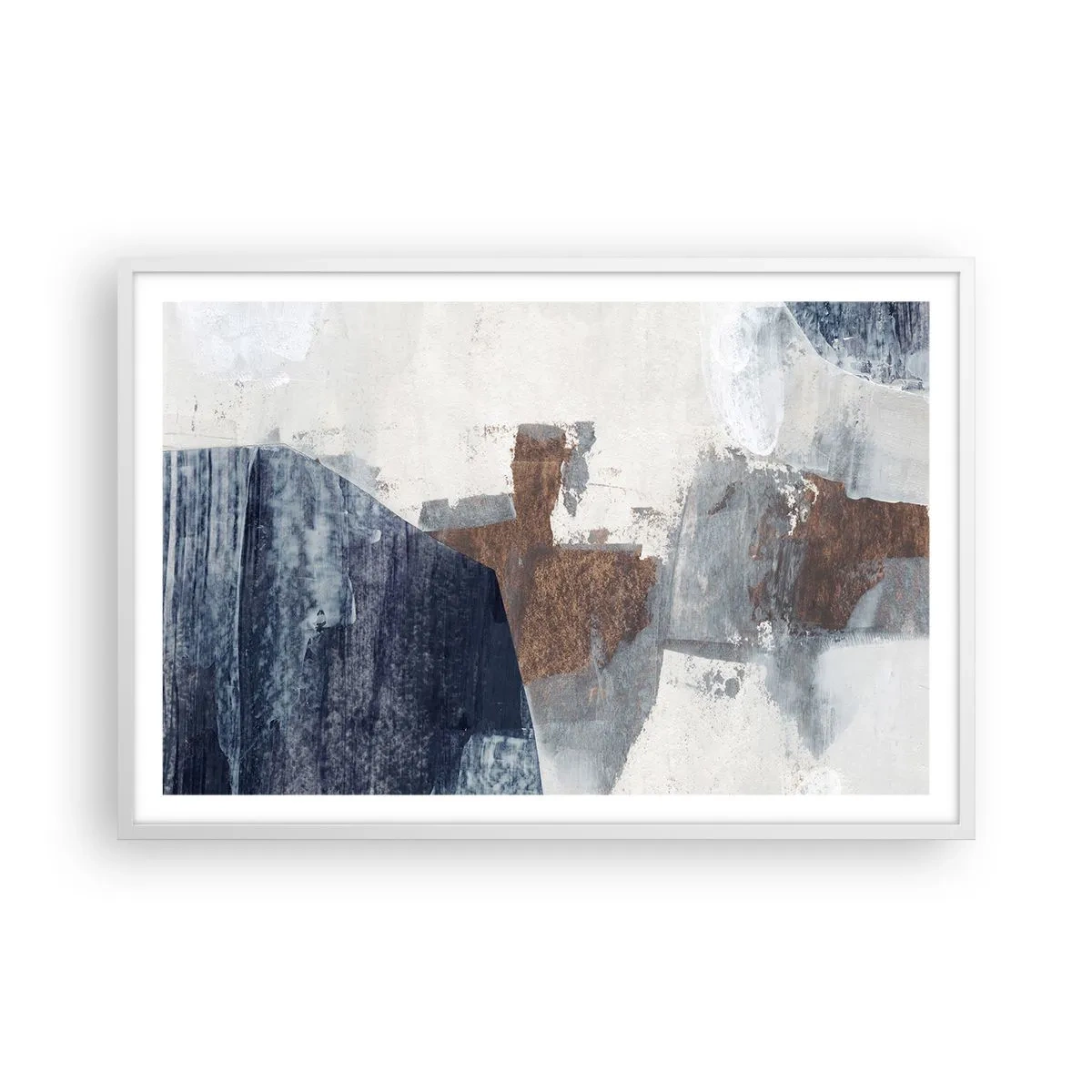 Plakát v bílém rámu - Modro-hnědé tvary - 91x61 cm