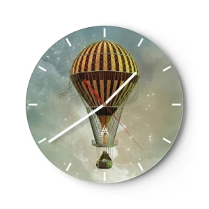 Nástěnné hodiny - Stylizovaný balón vznášející se nad hvězdnou oblohou s retro nádechem. - 30x30cm - Průkopnické lety - Moderní nástěnná dekorace do obývacího pokoje, kuchyně a ložnice ARTTOR