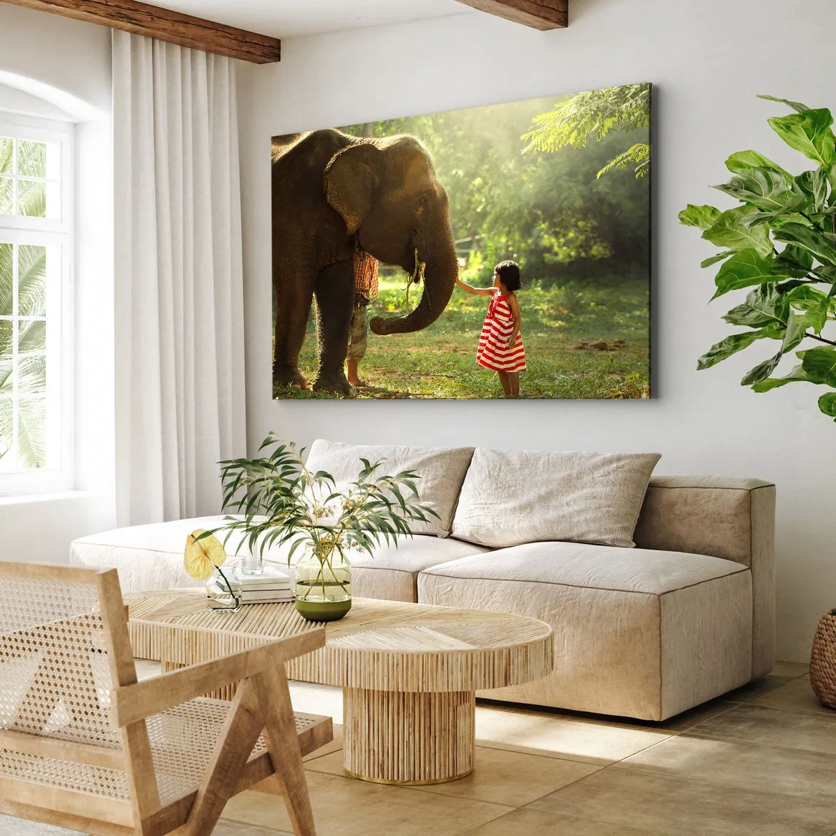 Obraz na plátně - Dívka v červených šatech se v lese dotýká slona. - 70x50cm - Síla přátelství - Moderní nástěnná dekorace do obývacího pokoje a ložnice ARTTOR